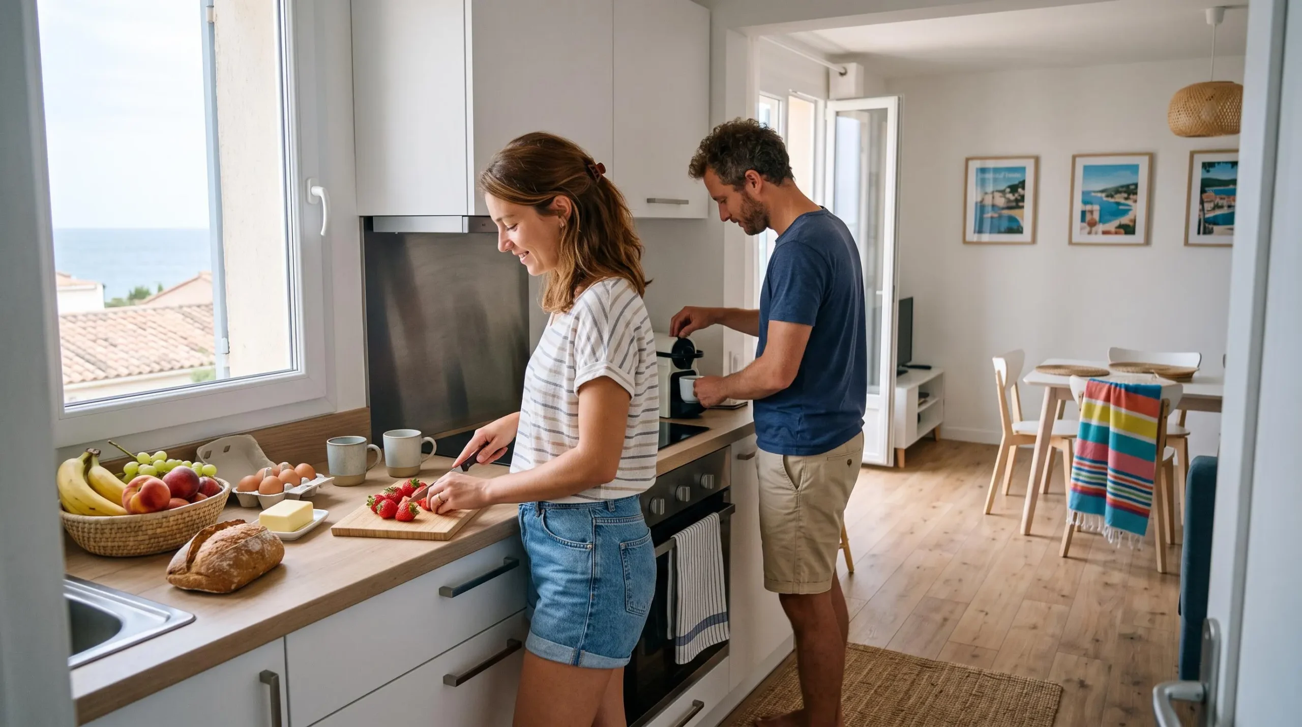 Couple préparant le petit-déjeuner dans la cuisine équipée d'un appartement de vacances compact en France.