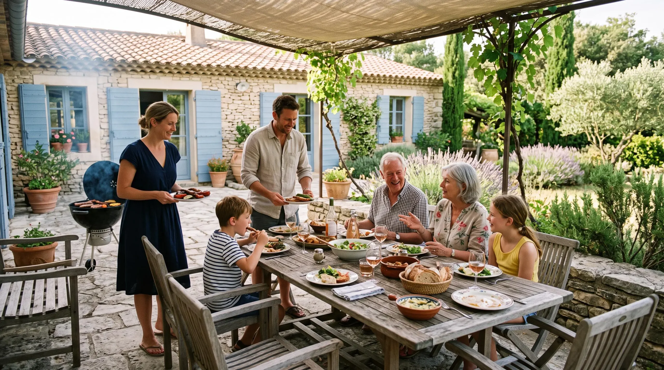 Famille de trois générations partageant un repas sur la terrasse privée ombragée d'une maison de vacances provençale avec jardin.