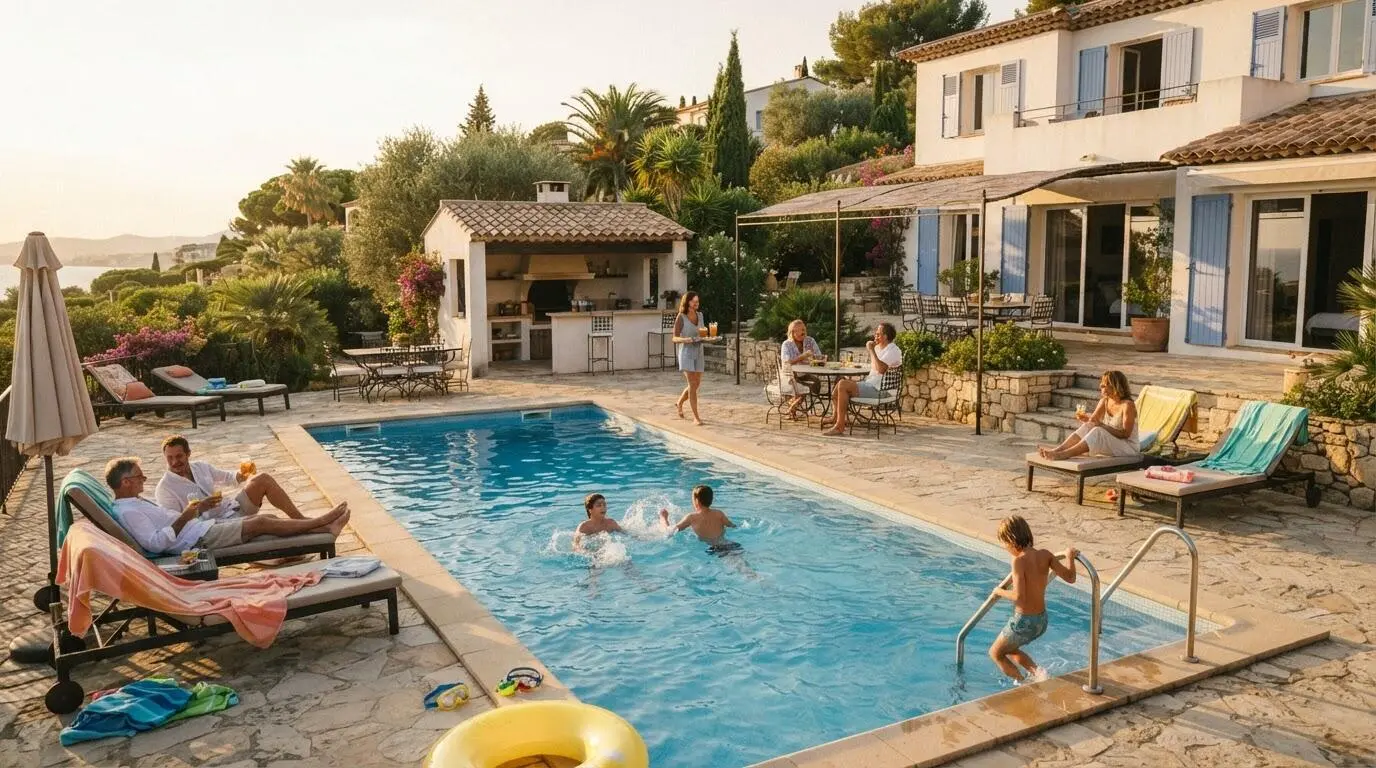 Grand groupe multi-générationnel de neuf personnes profitant naturellement de la piscine et des espaces extérieurs d'une villa de vacances sur la Côte d'Azur au coucher du soleil.